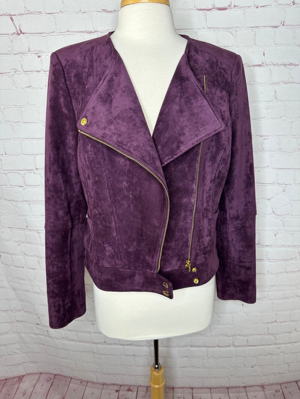 Calvin Klein Purple Faux Suede Moto Jacket Women's 14 Office Casual Outerwear